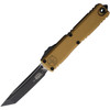 MCT112341TA Automatic opening. 5" (12.7cm) closed. 3.5" (8.89cm) two-tone finish Bohler M390MK stainless tanto blade. Tan aluminum handle. Pocket clip. Lanyard hole. Glass breaker.