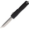 MCT1123410 Automatic opening. 5" (12.7cm) closed. 3.5" (8.89cm) stonewash finish Bohler M390MK stainless tanto blade. Black aluminum handle. Pocket clip. Lanyard hole. Glass breaker.