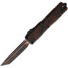 MCT112341TPBKOR Automatic opening. 5" (12.7cm) closed. 3.5" (8.89cm) Bohler M390MK stainless tanto blade. Aluminum handle. Pocket clip. Lanyard hole. Glass breaker. Topographic black and orange camo blade and handle.