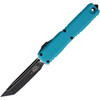 MCT112341CN Automatic opening. 5" (12.7cm) closed. 3.5" (8.89cm) two-tone finish Bohler M390MK stainless tanto blade. Cyan Cerakote aluminum handle. Pocket clip. Lanyard hole. Glass breaker.
