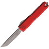 MCT1123410APRD Automatic opening. 5" (12.7cm) closed. 3.5" (8.89cm) Apocalyptic finish Bohler M390MK stainless tanto blade. Red aluminum handle. Pocket clip. Lanyard hole. Glass breaker.