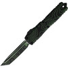 MCT112341TPBKPG Automatic opening. 5" (12.7cm) closed. 3.5" (8.89cm) Bohler M390MK stainless tanto blade. Aluminum handle. Pocket clip. Lanyard hole. Glass breaker. Topographic black and parakeet green camo blade and handle.