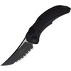 MCT268A3T Automatic opening. 4.75" (12.07cm) closed. 3.5" (8.89cm) black Cerakote finish serrated Bohler M390 stainless curved blade. Black textured aluminum handle. Pocket clip.