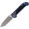 MCT113612APMS4 Automatic opening. 4.5" (11.43cm) closed. 3.5" (8.89cm) Apocalyptic finish serrated Bohler M390MK stainless tanto blade. Antique blue anodized titanium handle with black traction insert. Lanyard hole. Pocket clip. Marfione Select. Blue titanium and Apocalyptic stainless accents.