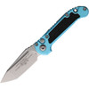 MCT113610TQ Automatic opening. 4.5" (11.43cm) closed. 3.5" (8.89cm) stonewash finish Bohler M390MK stainless tanto blade. Turquoise aluminum handle with black traction insert. Lanyard hole. Pocket clip.