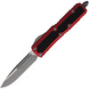 MCT12410APRDS Automatic opening. 4.38" (11.13cm) closed. 3.13 " (7.95cm) Apocalyptic finish premium steel blade. Red aluminum handle with black traction insert. Lanyard hole. Glass breaker. Pocket clip.