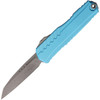 MCT124110APTQ Automatic opening. 5" (12.7cm) closed. 3.5" (8.89cm) Apocalyptic finish premium steel Wharncliffe blade. Turquoise aluminum handle. Pocket clip. Lanyard hole. Glass breaker.