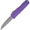 MCT124110APPU Automatic opening. 5" (12.7cm) closed. 3.5" (8.89cm) Apocalyptic finish Bohler M390MK stainless blade. Purple aluminum handle. Pocket clip. Lanyard hole. Glass breaker.