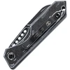 H113CSBWCF Automatic opening. 4.5" (11.43cm) closed. 3" (7.62cm) CPM MagnaCut stainless Wharncliffe blade. Glow carbon fiber handle. Lanyard hole. Pocket clip. Black and white cell shaded blade and handle.