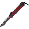 H00810BRCAMO Automatic opening. 5.5" (13.97cm) closed. 3.63" (9.22cm) two-tone finish partially serrated MagnaCut steel tanto blade. Red camo aluminum handle. Pocket clip. Lanyard hole.