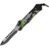 H00810AHCAMO Automatic opening. 5.5" (13.97cm) closed. 3.63" (9.22cm) two-tone finish MagnaCut steel blade. Heretic camo aluminum handle. Lanyard hole. Pocket clip. Recurve blade.