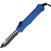 H00810ABLU Automatic opening. 5.5" (13.97cm) closed. 3.63" (9.22cm) two-tone finish MagnaCut steel blade. Blue aluminum handle. Lanyard hole. Pocket clip. Recurve blade.