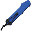 H4086ABLU Automatic opening. 5.5" (13.97cm) closed. 3.63" (9.22cm) black DLC coated MagnaCut steel recurve blade. Blue aluminum handle. Lanyard hole. Pocket clip.