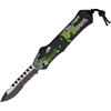 H00810BHCAMO Automatic opening. 5.5" (13.97cm) closed. 3.63" (9.22cm) two-tone finish partially serrated MagnaCut steel tanto blade. Camo aluminum handle. Pocket clip. Lanyard hole. Recurve blade.