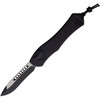 H40810AT 5.5" (13.97cm) closed. 3.63" (9.22cm) two-tone finish MagnaCut steel recurve blade. Black aluminum handle. Lanyard hole. Unique loading lever for retraction. Button safety.