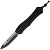H40710AT Automatic opening. 5.5" (13.97cm) closed. 3.63" (9.22cm) two-tone finish MagnaCut steel drop point blade. Black aluminum handle. Lanyard hole. Unique loading lever for retraction. Button safety.