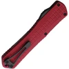 H030BF6ARED Automatic opening. 5.5" (13.97cm) closed. 3.75" (9.53cm) black stonewash finish MagnaCut steel bowie blade. Red grenade pattern aluminum handle. Glass breaker. Lanyard hole. Pocket clip.