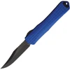 H030BF6ABLU Automatic opening. 5.5" (13.97cm) closed. 3.75" (9.53cm) black DLC coated Elmax steel bowie blade. Blue frag pattern aluminum handle. Glass breaker. Lanyard hole. Pocket clip.