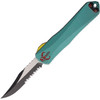 H026B14BBOUNTY Automatic opening. 4.75" (12.07cm) closed. 3" (7.62cm) two-tone finish partially serrated MagnaCut steel bowie blade. Teal Battleworn aluminum handle with carbon fiber back handle. Lanyard hole. Pocket clip. Glass breaker.