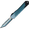H023FCSTQ Automatic opening. 3.88" (9.86cm) closed. 2.63" (6.68cm) CPM MagnaCut stainless tanto blade. Grenade pattern aluminum handle. Lanyard hole. Pocket clip. Glass breaker. Turquoise Cel shading blade and handle.