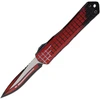 H025FCSRD Automatic opening. 3.88" (9.86cm) closed. 2.63" (6.68cm) CPM MagnaCut stainless recurve blade. Grenade pattern aluminum handle. Lanyard hole. Pocket clip. Glass breaker. Red Cel shading blade and handle.