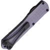 H024BF6ABSW24 Automatic opening. 4" (10.16cm) closed. 2.66" (6.76cm) black DLC coated CPM MagnaCut stainless dagger blade. Gray grenade pattern aluminum handle. Lanyard hole. Pocket clip. Glass breaker.