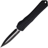 H024F10AT Automatic opening. 3.88" (9.86cm) closed. 2.63" (6.68cm) two-tone finish double edge CPM MagnaCut stainless dagger blade. Black aluminum handle. Glass breaker. Lanyard hole. Pocket clip. Frag pattern handle.