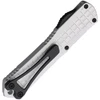 H024F6ANAT Automatic opening. 3.88" (9.86cm) closed. 2.63" (6.68cm) black DLC coated double edge CPM MagnaCut stainless dagger blade. Natural aluminum handle. Lanyard hole. Pocket clip. Glass breaker. Grenade grip.