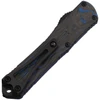 H0246ABLUCF Automatic opening. 3.88" (9.86cm) closed. 2.63" (6.68cm) black DLC coated double edge CPM MagnaCut stainless blade. Blue anodized aluminum handle with Black and blue carbon fiber back handle. Pocket clip. Lanyard hole. Glass breaker.