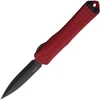 Automatic opening. 3.88" (9.86cm) closed. 2.63" (6.68cm) black DLC coated double edge CPM MagnaCut stainless blade. Red aluminum handle. Lanyard hole. Pocket clip. Glass breaker. Grenade grip.