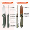VOSA4905 4.38" (11.13cm) closed. 3.25" (8.26cm) Nitro V steel drop point blade. Green canvas micarta handle. Thumb stud. Pocket clip. Lanyard hole. Copper Dune finish blade. Green aluminum backspacer. Black nylon zippered storage case.