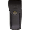 BU110 4.88" closed. 420HC stainless clip point blade. Brass bolster(s). Genuine Crelicam Ebony handle. Black leather belt sheath.