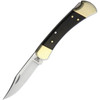 BU110 4.88" closed. 420HC stainless clip point blade. Brass bolster(s). Genuine Crelicam Ebony handle. Black leather belt sheath.