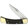 BU110 4.88" closed. 420HC stainless clip point blade. Brass bolster(s). Genuine Crelicam Ebony handle. Black leather belt sheath.