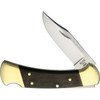 BU112 4.25" (10.8cm) closed. 3.25" (8.26cm) satin finish 420HC stainless clip point blade. Brass bolster(s). Crelicam genuine ebony handle. Black leather belt sheath.