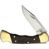 BU112FG 4.25" (10.8cm) closed. 3.25" (8.26cm) satin finish 420HC stainless clip point blade. Crelicam genuine ebony Dymondwood handle. Brass bolster(s). Black leather belt sheath.