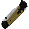 BU112GRS5 4.25" (10.8cm) closed. 3" (7.62cm) satin finish CPM S35VN stainless clip point blade. Black anodized aluminum handle with green micarta inlay. Thumb stud. Pocket clip.