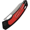 MAXMM522B 4.38" (11.13cm) closed. 3.38" (8.59cm) stonewash finish 14C28N Sandvik stainless sheepsfoot blade. Black G10 handle with red aluminum inlay. Thumb pull. Lanyard hole. Pocket clip. Black nylon zippered storage case.