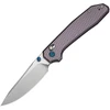 CE260292 4.38" (11.13cm) closed. 3.38" (8.59cm) satin finish CPM S35VN stainless drop point blade. Purple aluminum handle. Thumb stud. Pocket clip. Diamond pattern handle. Black nylon zippered storage case.