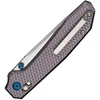 CE260292 4.38" (11.13cm) closed. 3.38" (8.59cm) satin finish CPM S35VN stainless drop point blade. Purple aluminum handle. Thumb stud. Pocket clip. Diamond pattern handle. Black nylon zippered storage case.