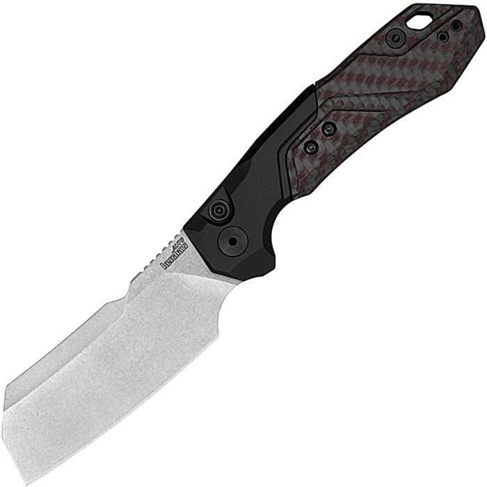 KS7850RDSW Launch 14 AUTO Stonewash CPM-154 Cleaver Blade, Gray Anodized Aluminum Handle w/ Red CF Scales