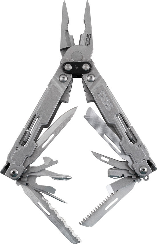 SOGPA2001CP 6.8" overall. Stainless handle. Tools include: Needlenose pliers l Wire cutter l Large blade l Ruler l Bottle opener l Small screwdriver l Serrated blade l Wire crimper l File l Metric ruler l Awl l Can opener l Mini screwdriver l Phillips screwdriver l Saw blade l Bolt gripper l Protractor l Jewelry driver l 1/4" drive l Chisel l Magnetic bit holder. Includes 12 piece hex bit set. Black synthetic belt sheath.