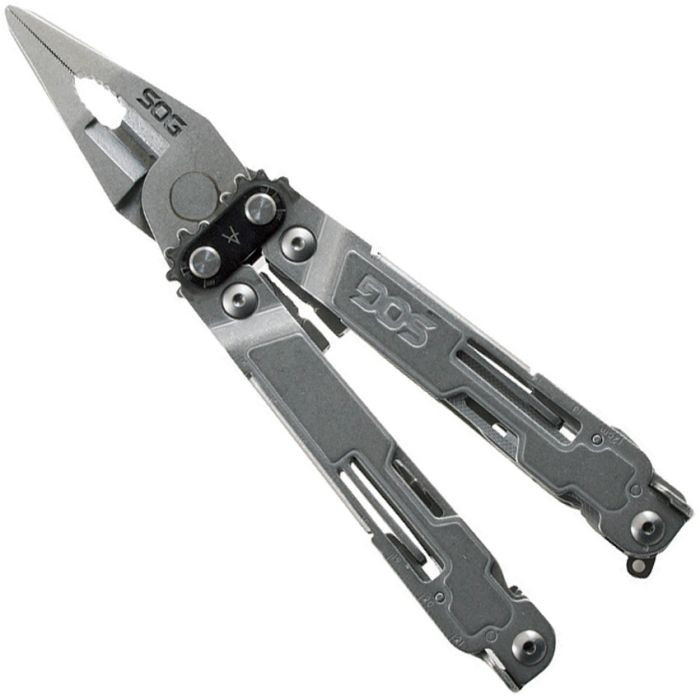 SOGPA2001CP 6.8" overall. Stainless handle. Tools include: Needlenose pliers l Wire cutter l Large blade l Ruler l Bottle opener l Small screwdriver l Serrated blade l Wire crimper l File l Metric ruler l Awl l Can opener l Mini screwdriver l Phillips screwdriver l Saw blade l Bolt gripper l Protractor l Jewelry driver l 1/4" drive l Chisel l Magnetic bit holder. Includes 12 piece hex bit set. Black synthetic belt sheath.