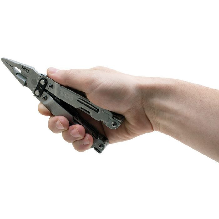 SOGPA2001CP 6.8" overall. Stainless handle. Tools include: Needlenose pliers l Wire cutter l Large blade l Ruler l Bottle opener l Small screwdriver l Serrated blade l Wire crimper l File l Metric ruler l Awl l Can opener l Mini screwdriver l Phillips screwdriver l Saw blade l Bolt gripper l Protractor l Jewelry driver l 1/4" drive l Chisel l Magnetic bit holder. Includes 12 piece hex bit set. Black synthetic belt sheath.