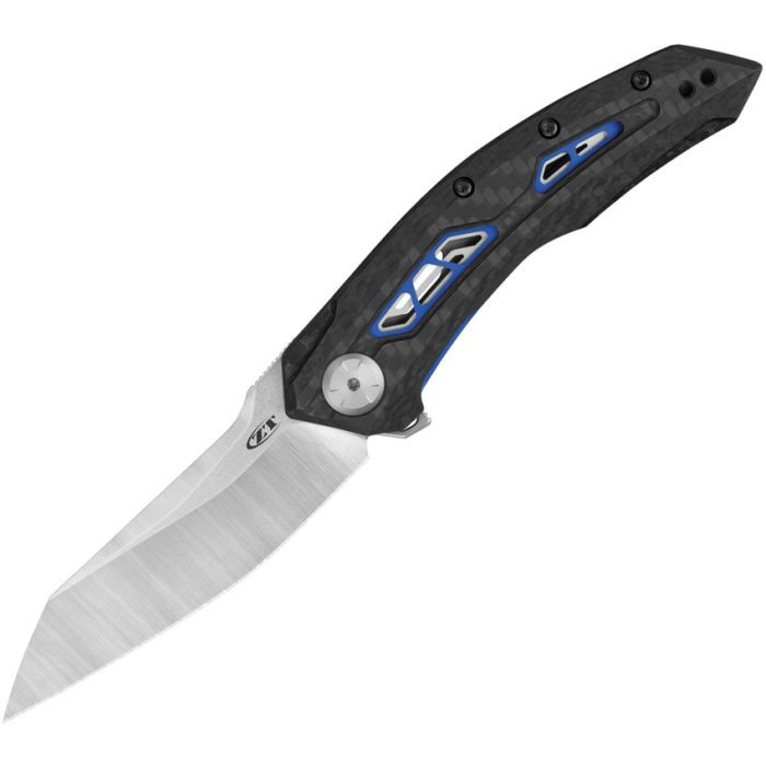 ZT0762 Stonewash and Satin Reverse Tanto CPM-20CV Blade / KVT Beall Bearing and Carbon Fiber with Blue Anodized Hardware Handle