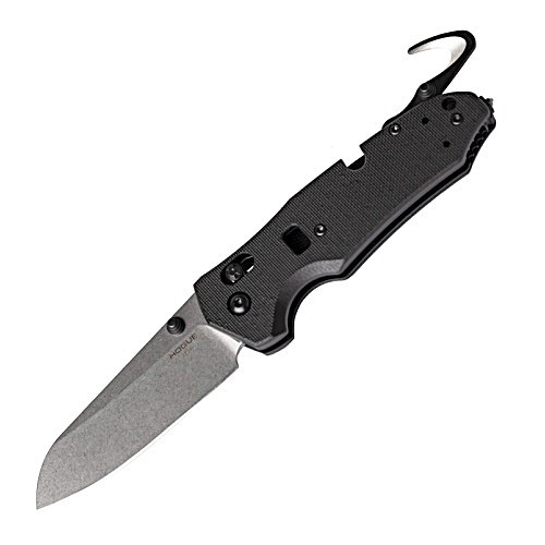 HO34776 4.88" (12.4cm) closed. 3.5" (8.89cm) tumbled finish Bohler N690 stainless sheepsfoot blade. Black G10 handle. Belt/cord cutter. Thumb stud. Lanyard hole. Glass breaker. Pocket clip.