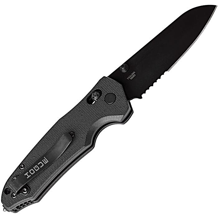 HO34770 4.88" (12.4cm) closed. 3.38" (8.59cm) black Cerakote finish partially serrated Bohler N680 stainless sheepsfoot blade. Black G10 handle. Glass breaker. Lanyard hole. Thumb stud. Pocket clip. Belt/cord cutter with thumb stud deployment. Oxygen valve wrench.