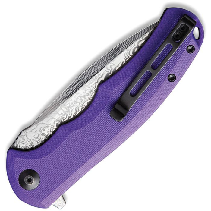 Praxis Flipper Knife G10 Purple Handle (3.75" Damascus Blade)