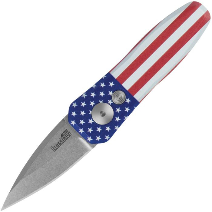 KS7500USA Auto Launch 4 Button Lock USA stonewash finish CPM-154 stainless blade. American flag Handle