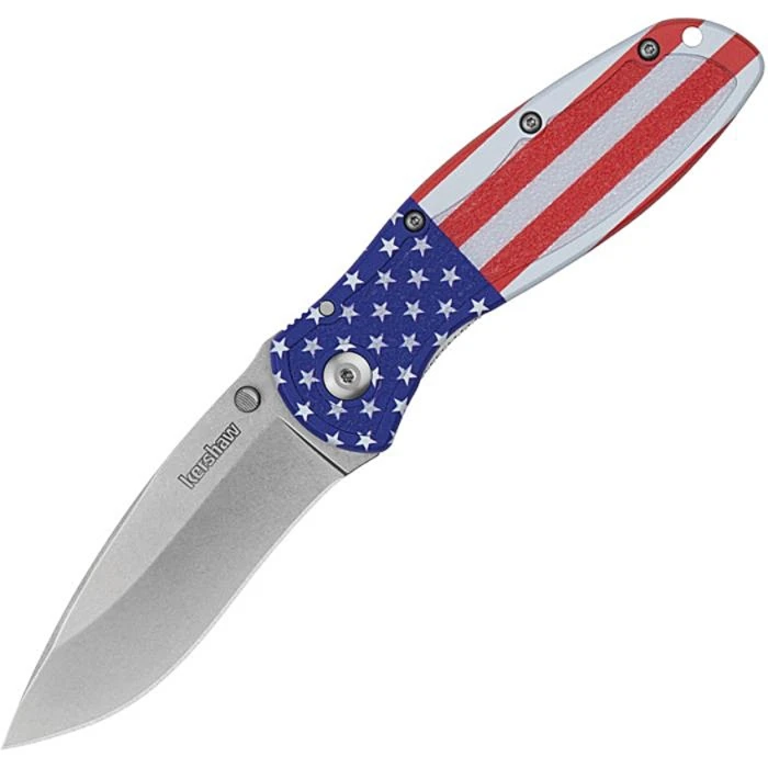 KS1670USA Blur Linerlock A/O USA Stonewash 14C28N Sandvik Recurve Blade, American Flag Pattern Handle
